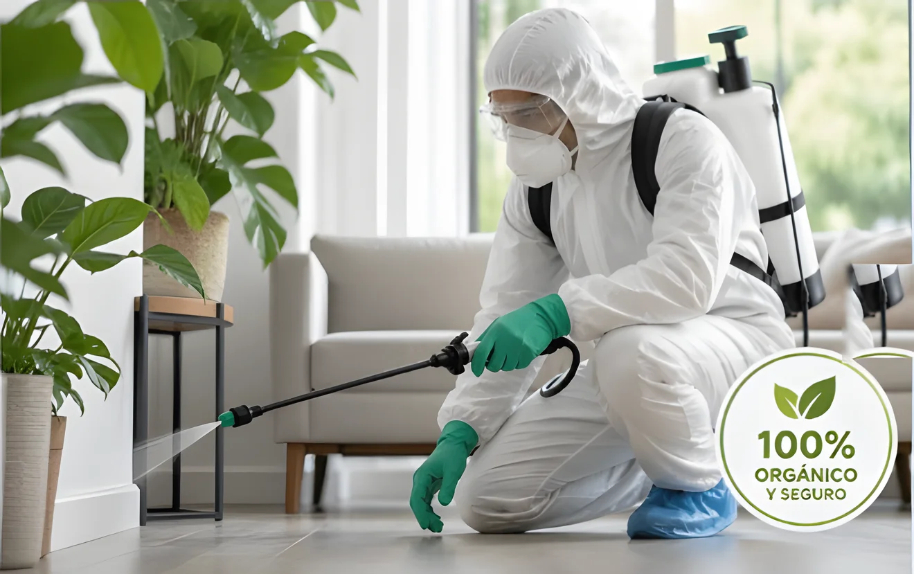 Técnico aplicando fumigación orgánica en un interior con plantas